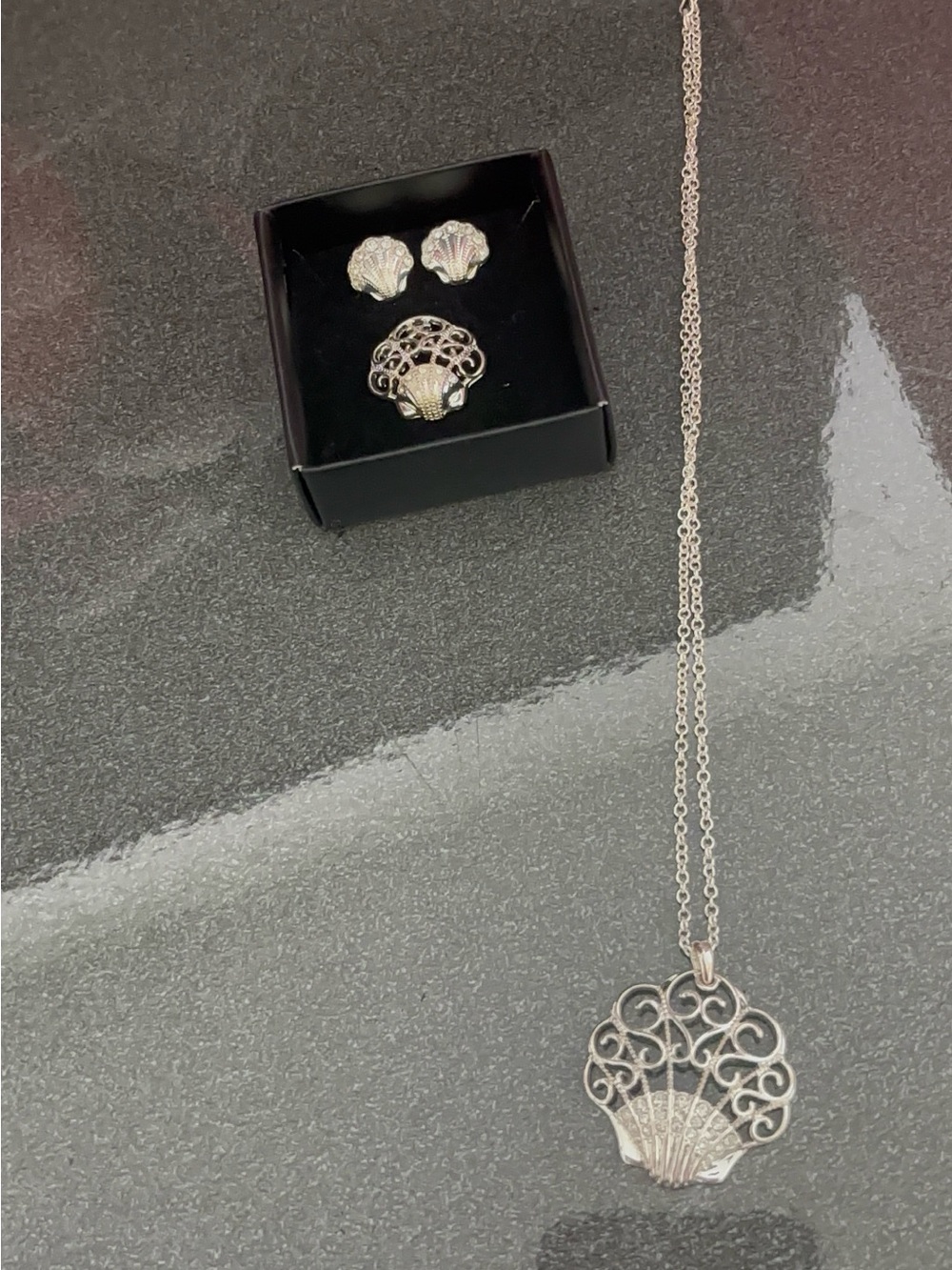 Silver Filigree Shell Necklace with Pink and Gray Bead Pendant - Women Jewelry